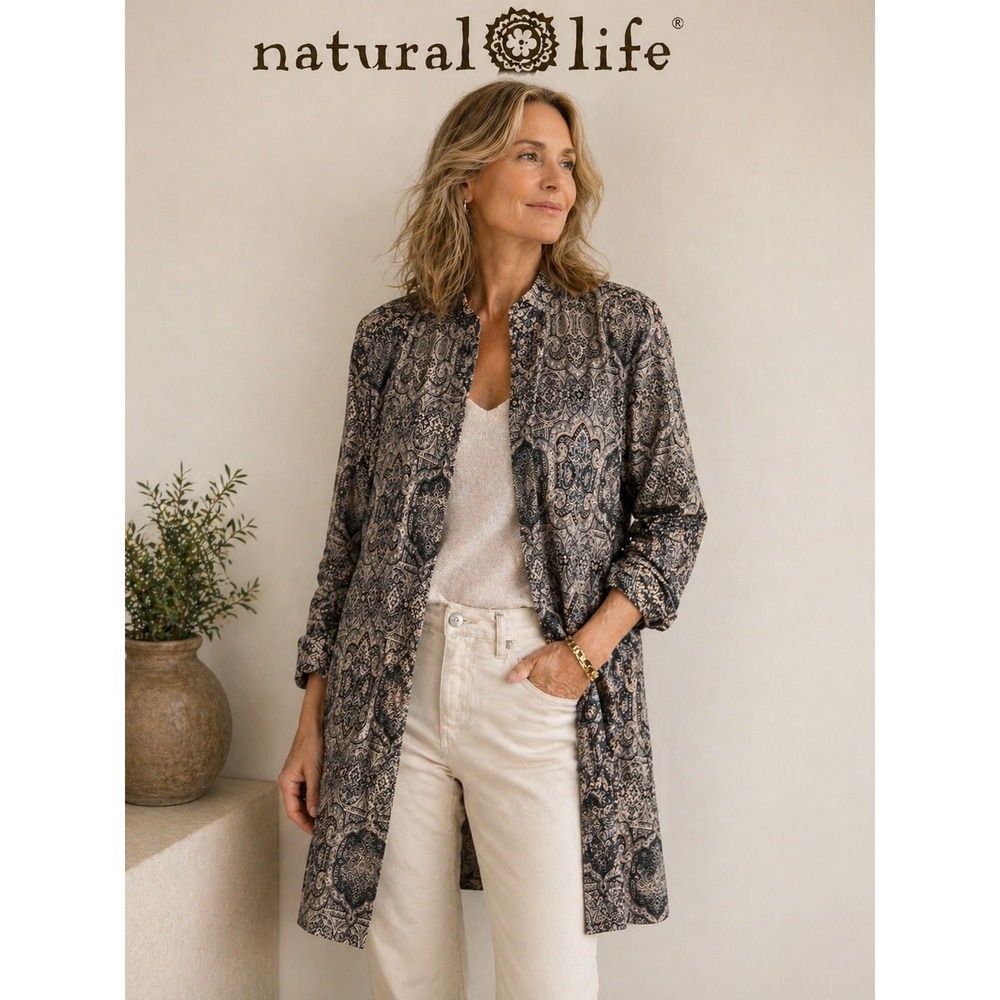 Chico's Paisley Long Jacket Blazer Size 2 Boho Beaded Open Front